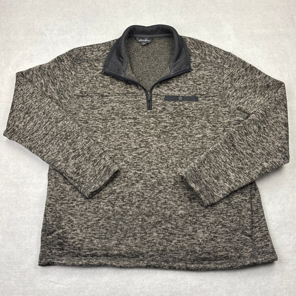 Eddie Bauer Mens‎ XL Quarter Zip Pullover Fleece Marled Knit Mock Neck Gray Warm